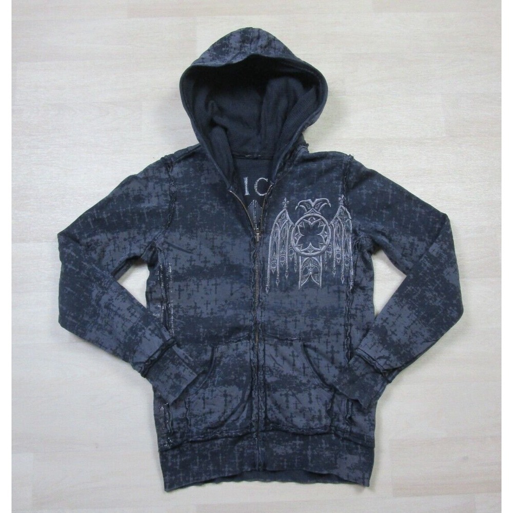 Affliction Reversible Thermal Hoodie Men's (S/M) Gothic Live Fast Zip Y2K AOP